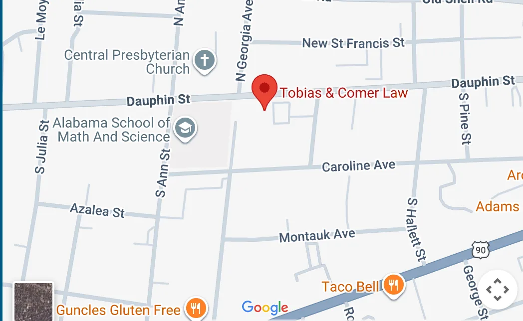 Map showing Tobias & Comer Law near Dauphin Street in Mobile, Alabama.